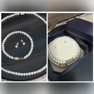 JCM 10K Gold Cultured Pearl Necklace, Bracelet, Earrings Set w/Original Box